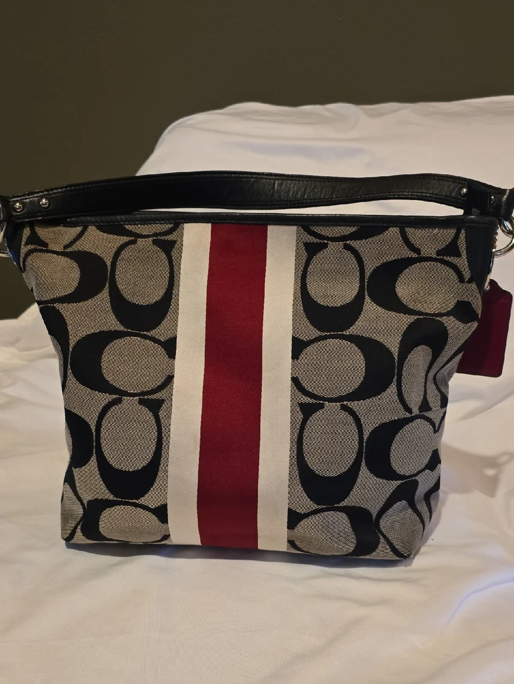Coach Canvas Shoulder Bag in Red, Tan, Cream & Black. 14'W × 11' Tall.